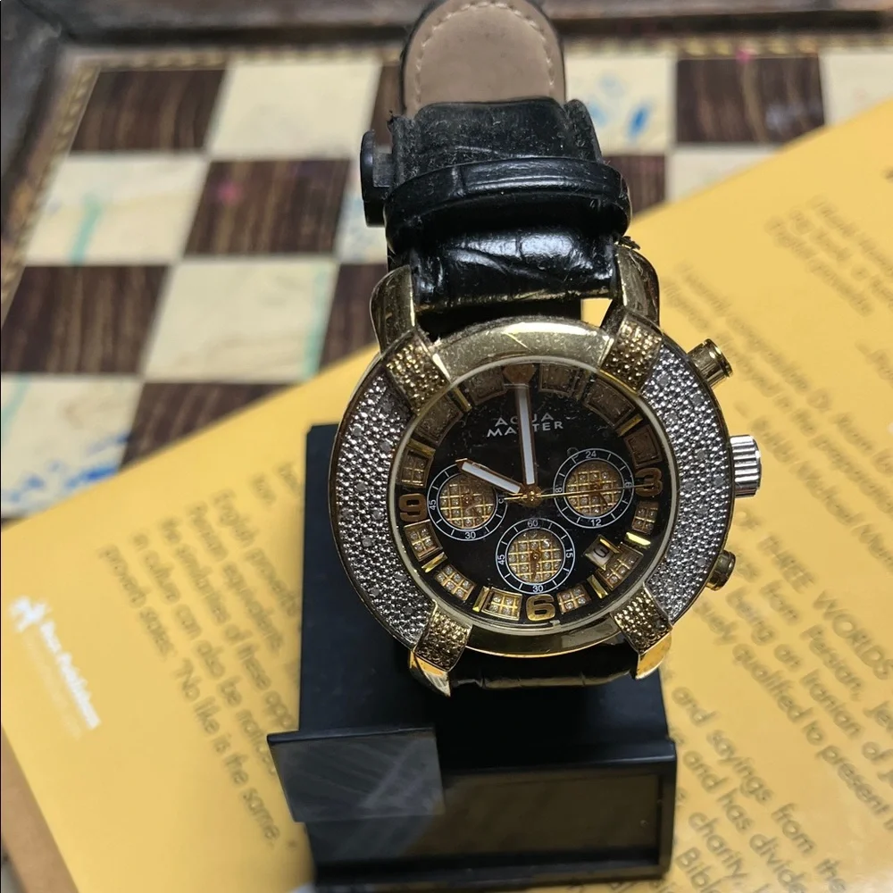 Gold and Black Watch with Leather Strap - Picture 1 of 2